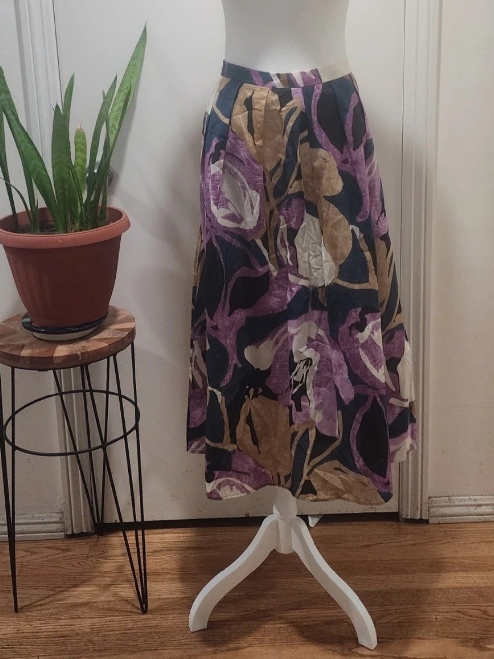 Banana Republic Abstract Floral Midi Skirt in Purple, Tan and Black